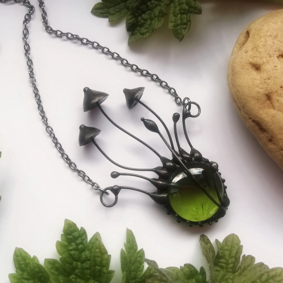 Green Glass Mushroom Cluster Necklace – Blackened Copper