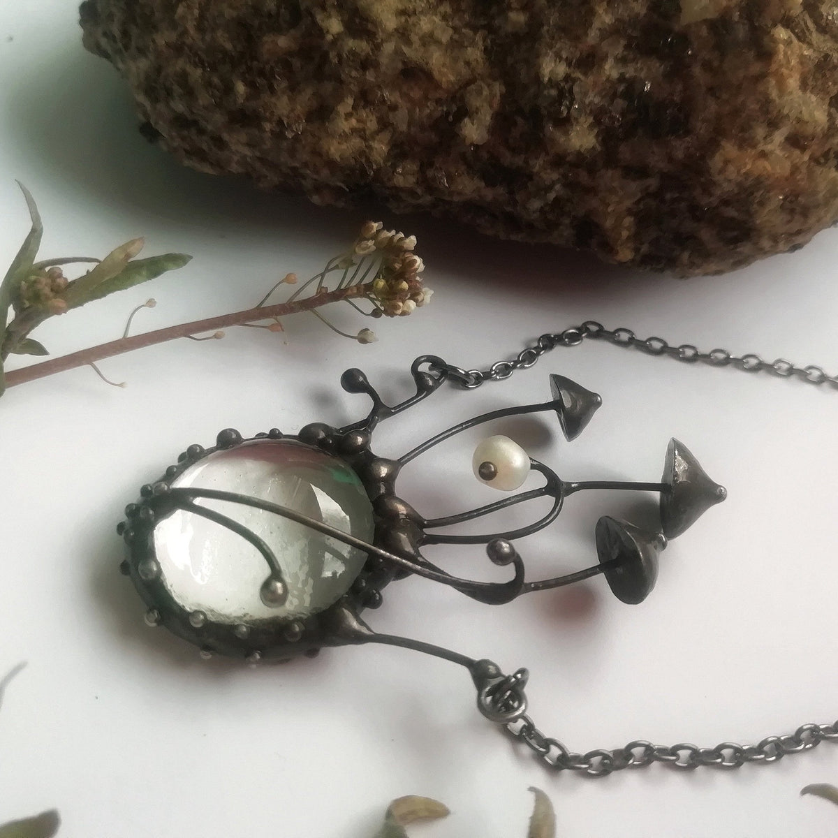 Clear Glass Pearl Mushroom Necklace – Blackened Copper Forest Centerpiece – Botanical