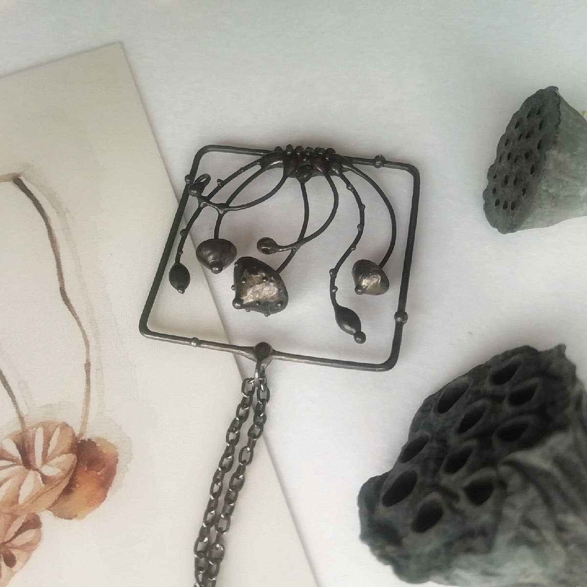Square Mushroom Necklace – Copper & Pewter