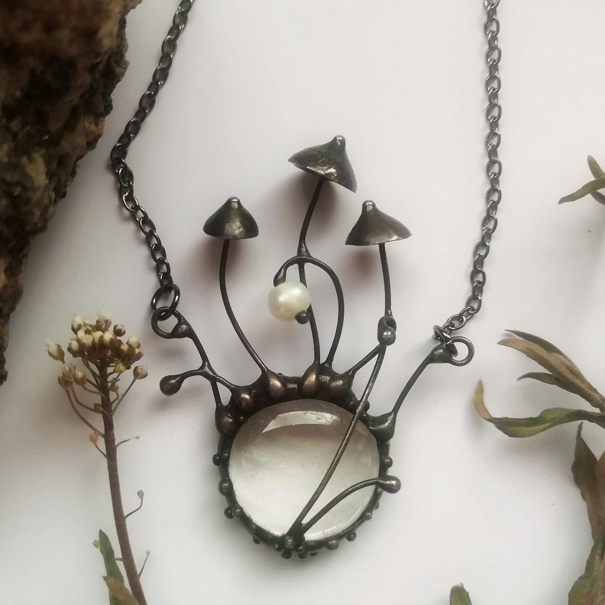 Clear Glass Pearl Mushroom Necklace – Blackened Copper Forest Centerpiece – Botanical
