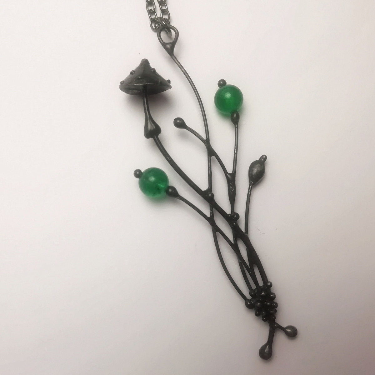 Green Glass Mushroom Pendant Necklace – Blackened Copper Forest – Botanical