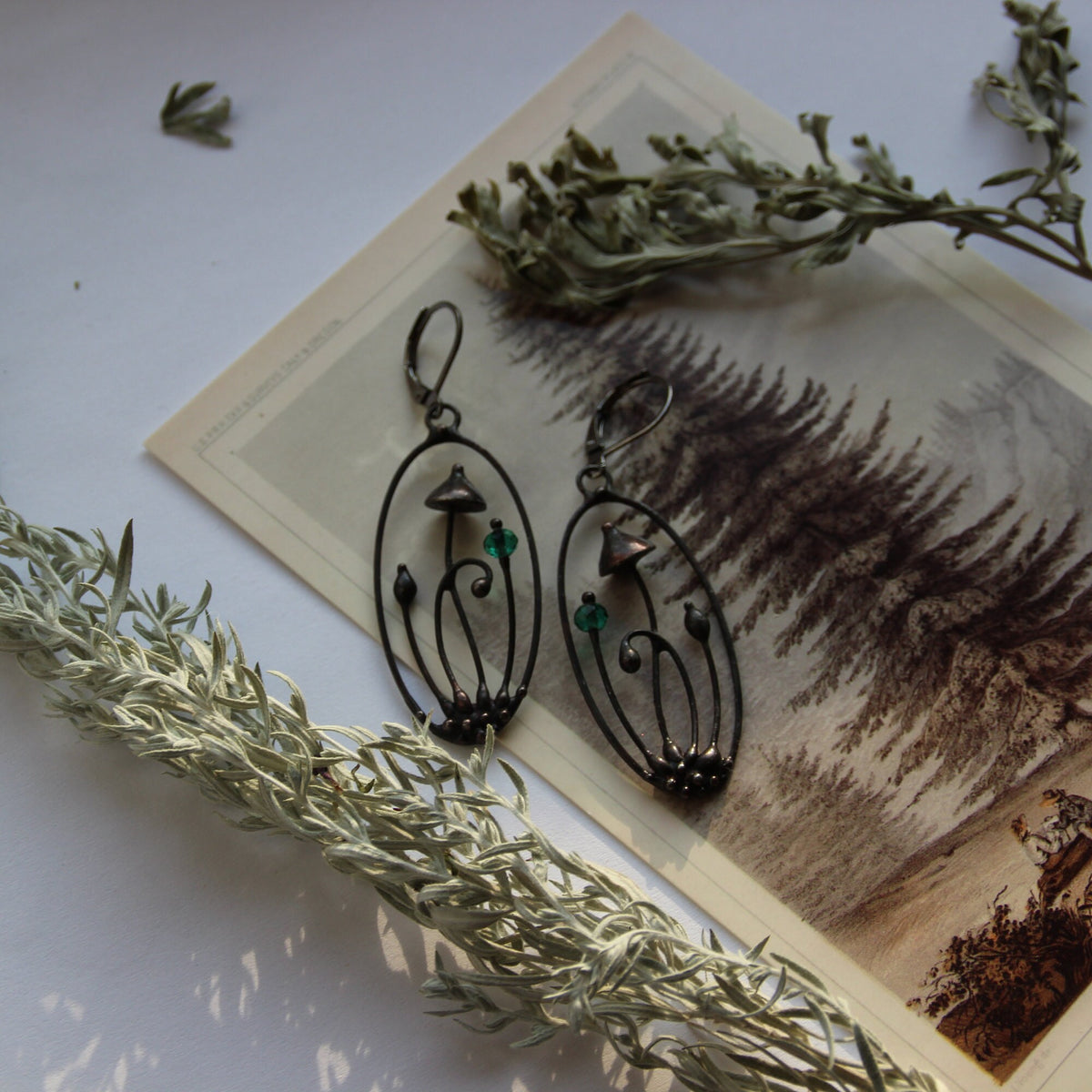 Faceted Green Glass Mushroom Oval Earrings – Blackened Copper