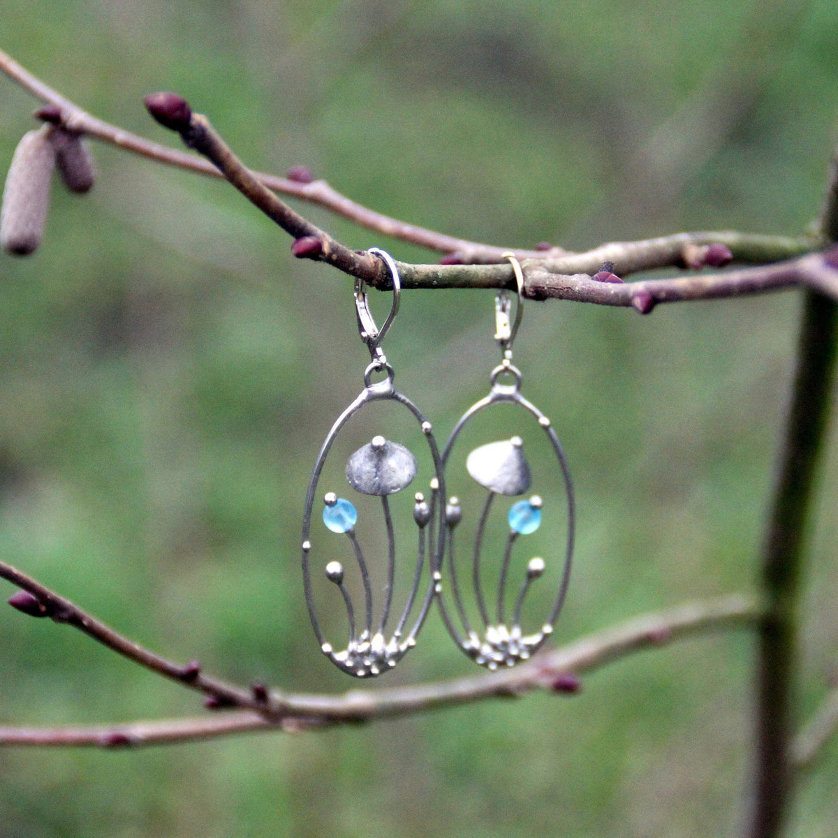Blue Glass Mushroom Earrings – Silver Tone