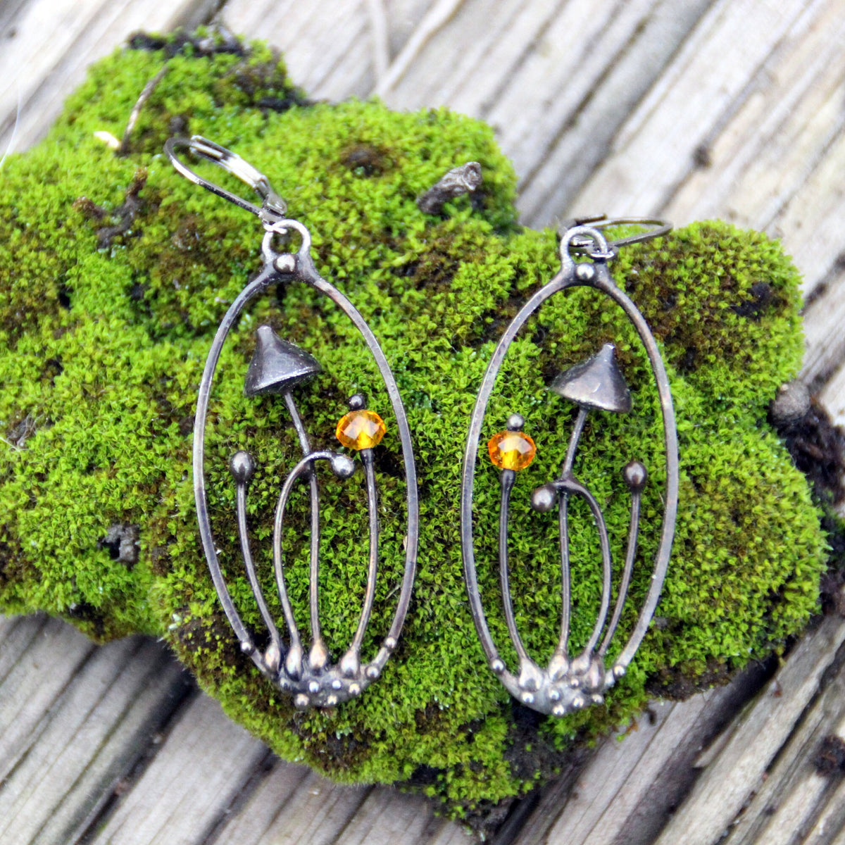 Yellow Glass Mushroom Earrings – Blackened Copper