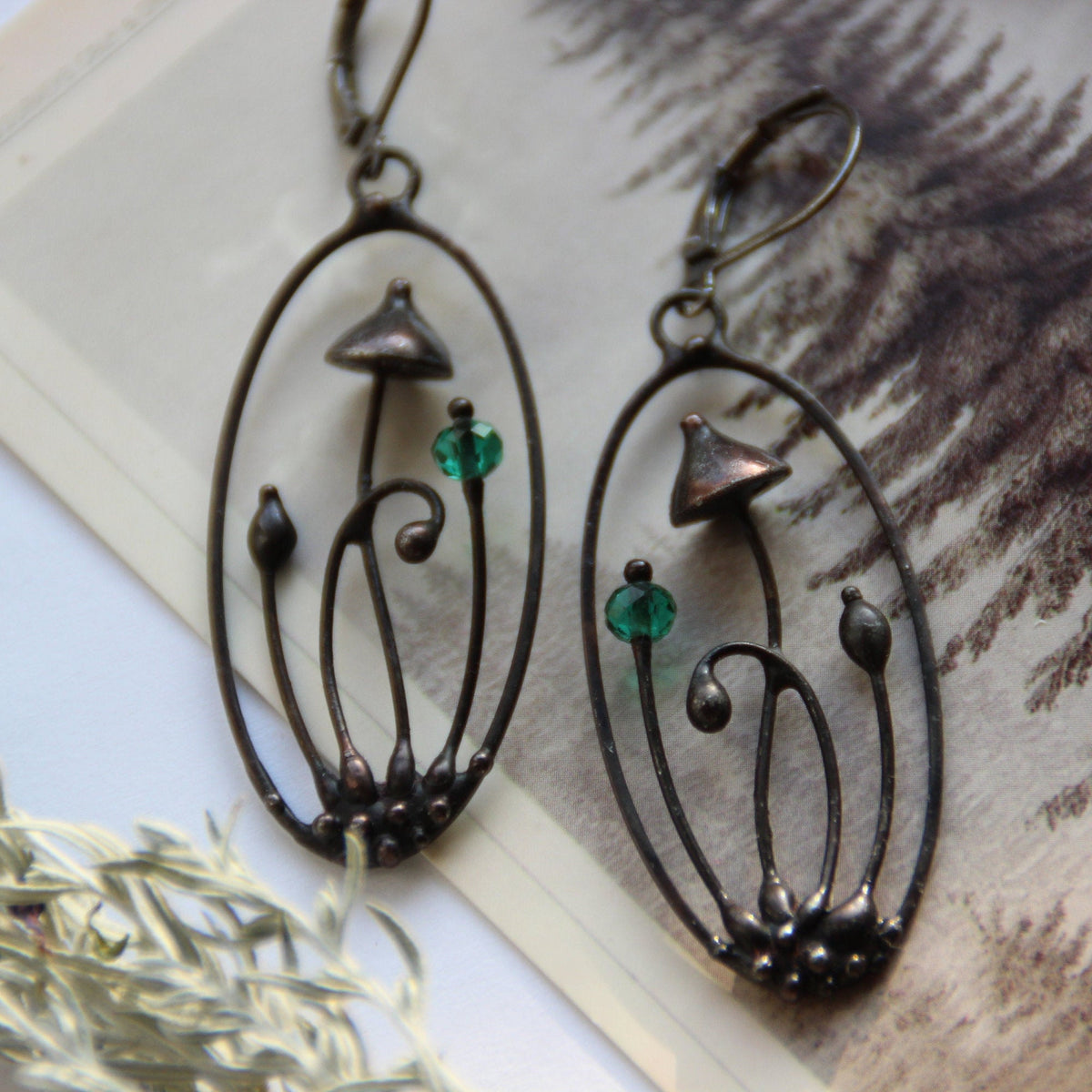 Faceted Green Glass Mushroom Oval Earrings – Blackened Copper
