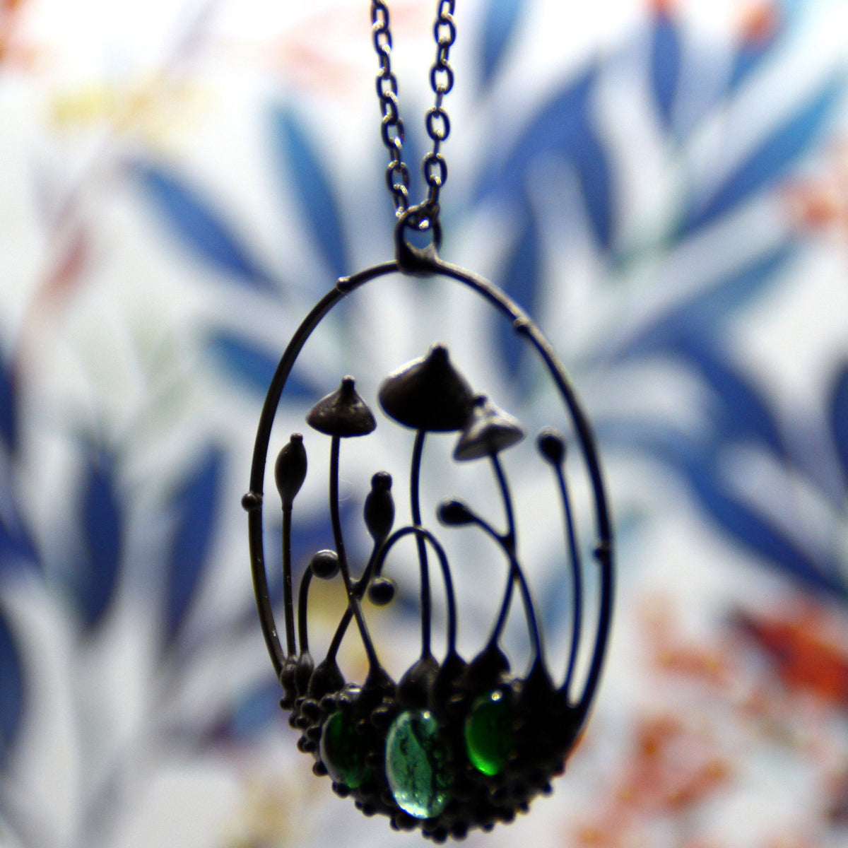 Green Glass Mushroom Necklace – Blackened Copper Round Forest Pendant – Botanical