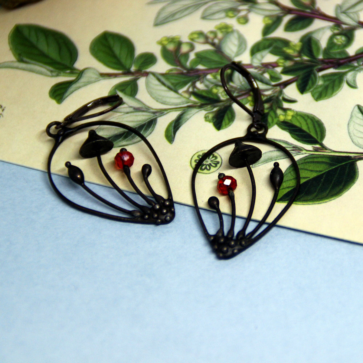 Red Glass Mushroom Drop Earrings – Blackened Copper