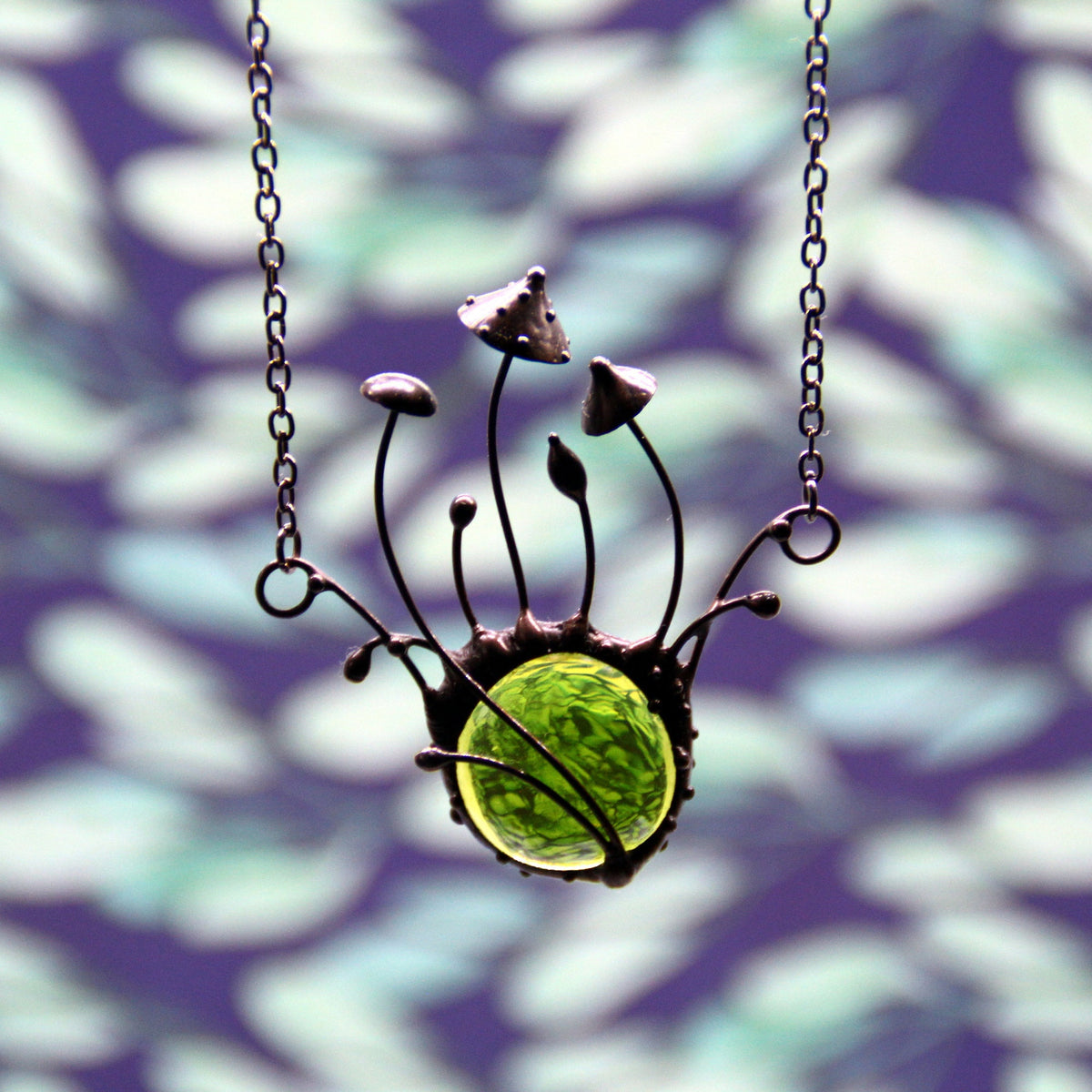 Green Glass Amanita Mushroom Necklace – Blackened Copper Forest – Botanical Statement Necklace