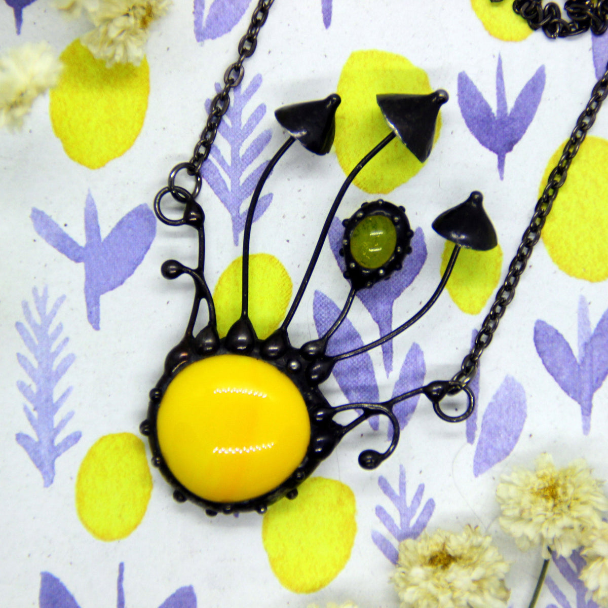 Yellow Glass Mushroom Necklace – Blackened Copper Forest Centerpiece – Psychedelic