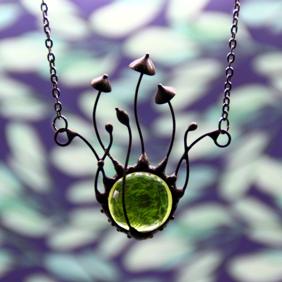 Green Glass Mushroom Necklace – Blackened Copper Forest Centerpiece – Botanical