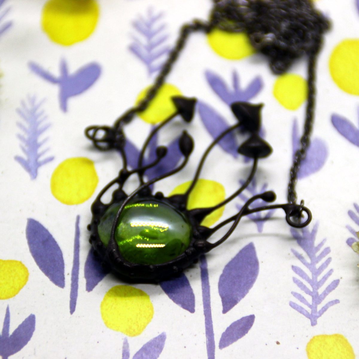 Green Glass Mushroom Necklace – Blackened Copper Forest Centerpiece – Botanical