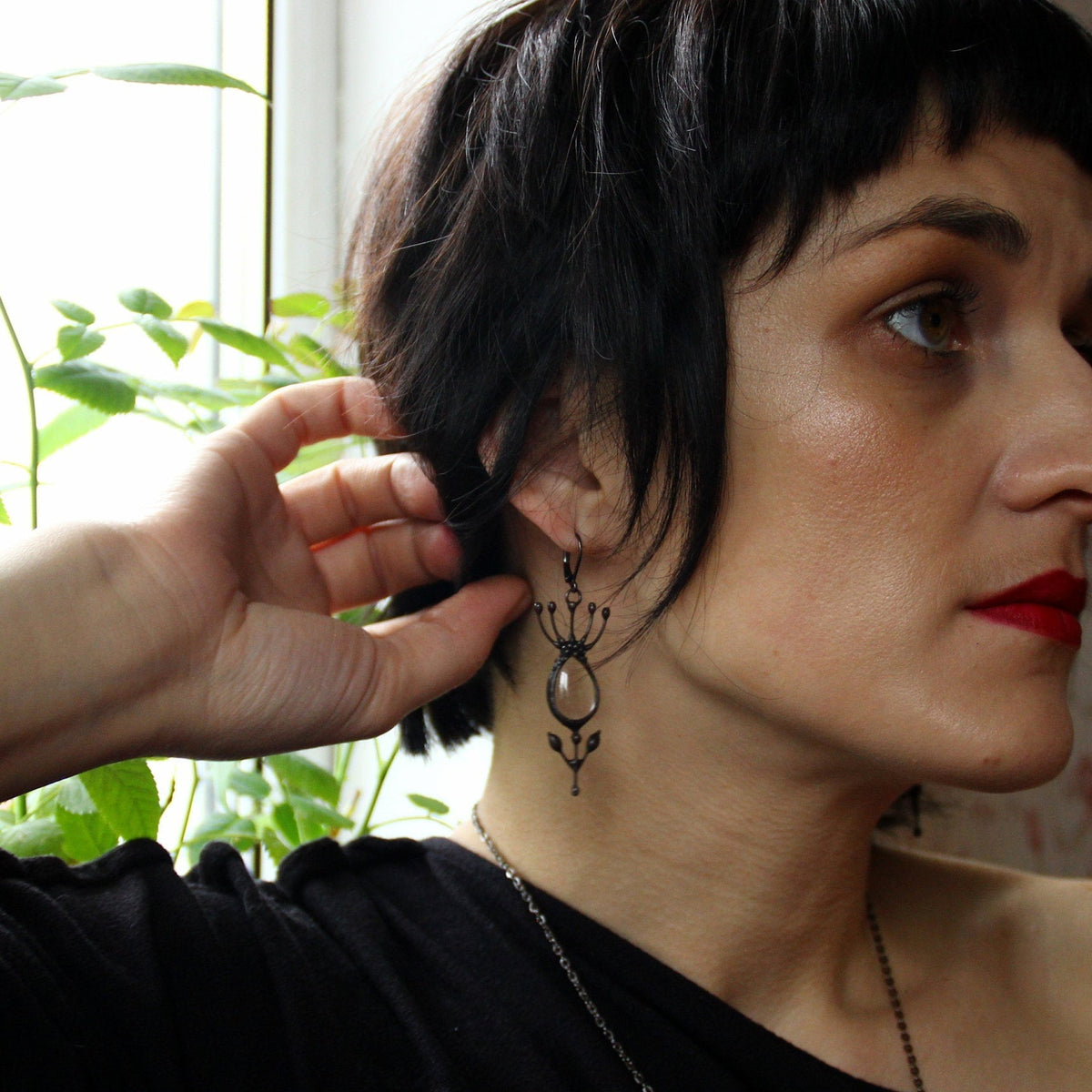 Clear Glass Flower Earrings – Blackened Copper Botanical Dangles – Sculptural