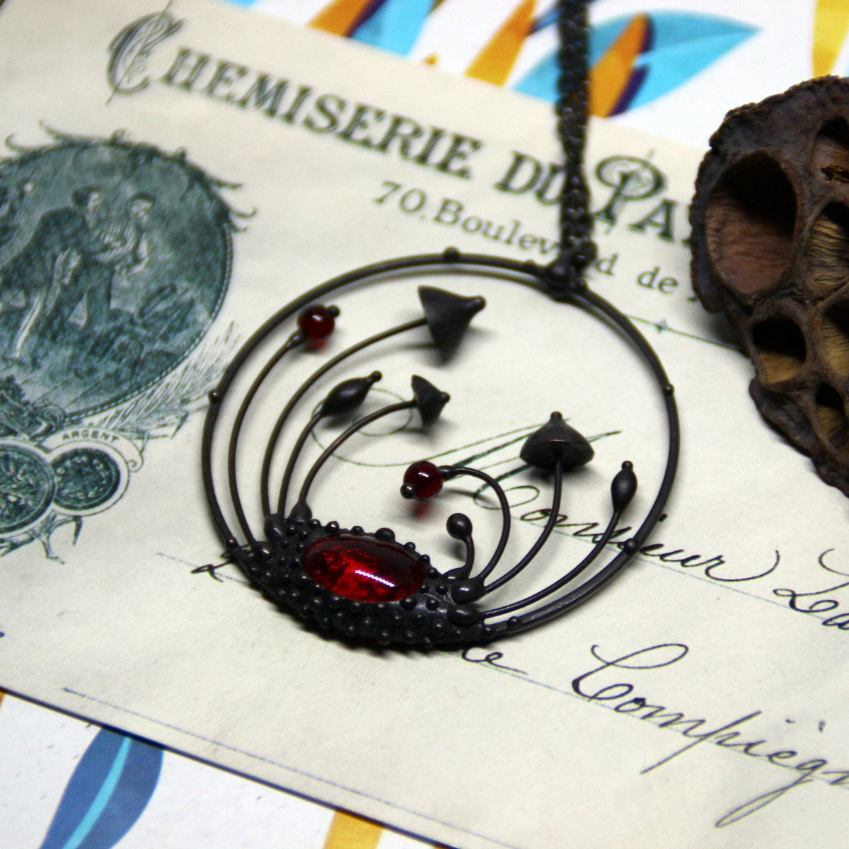 Red Glass Mushroom Necklace – Blackened Copper Round Forest Pendant – Botanical