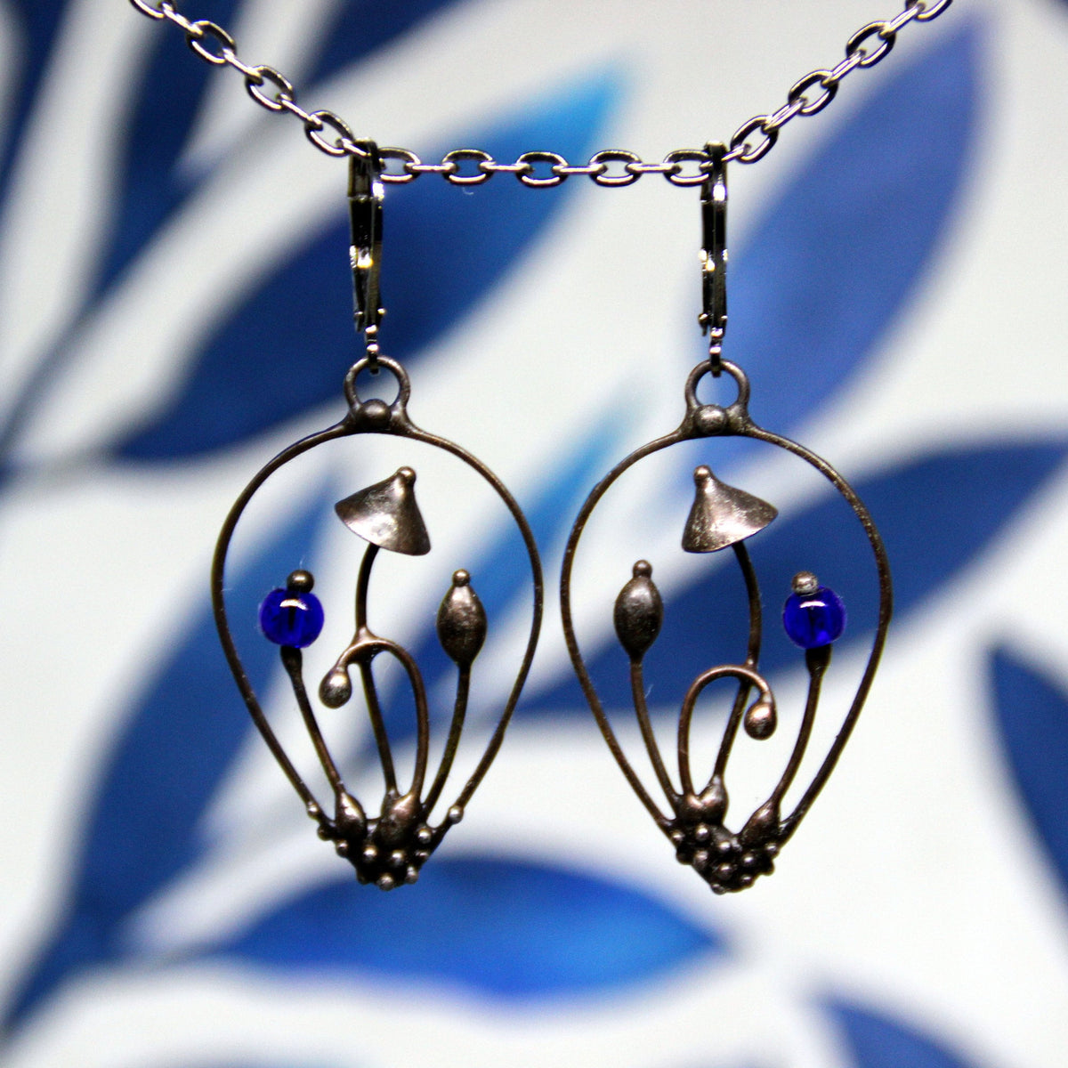 Blue Glass Mushroom Drop Earrings – Blackened Copper