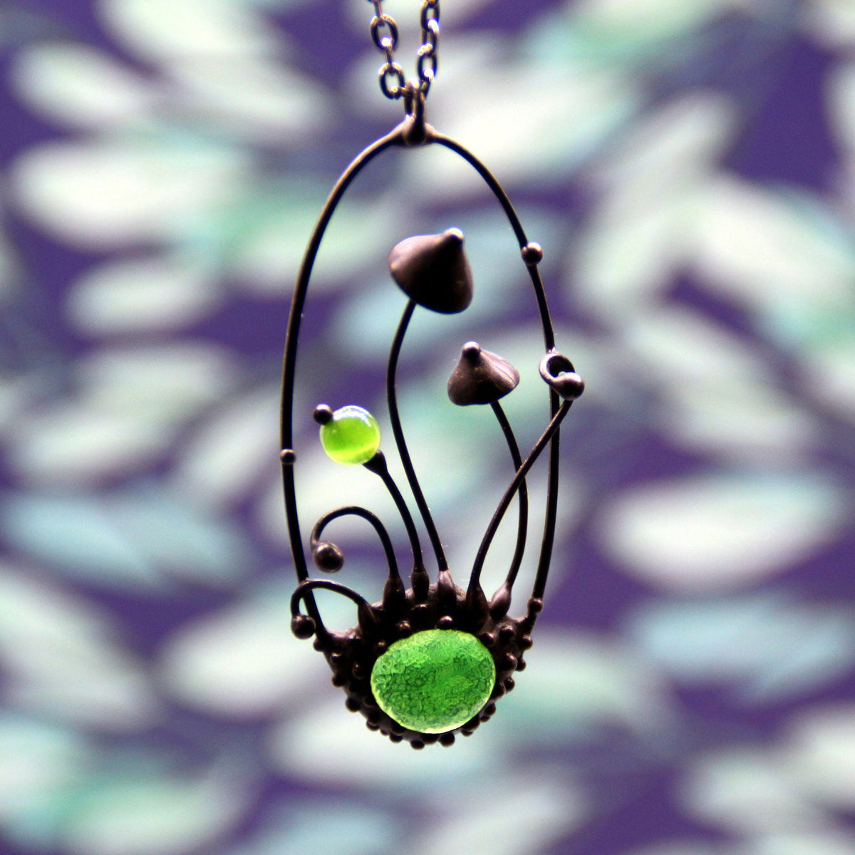 Two Mushroom Green Glass Oval Necklace – Blackened Copper