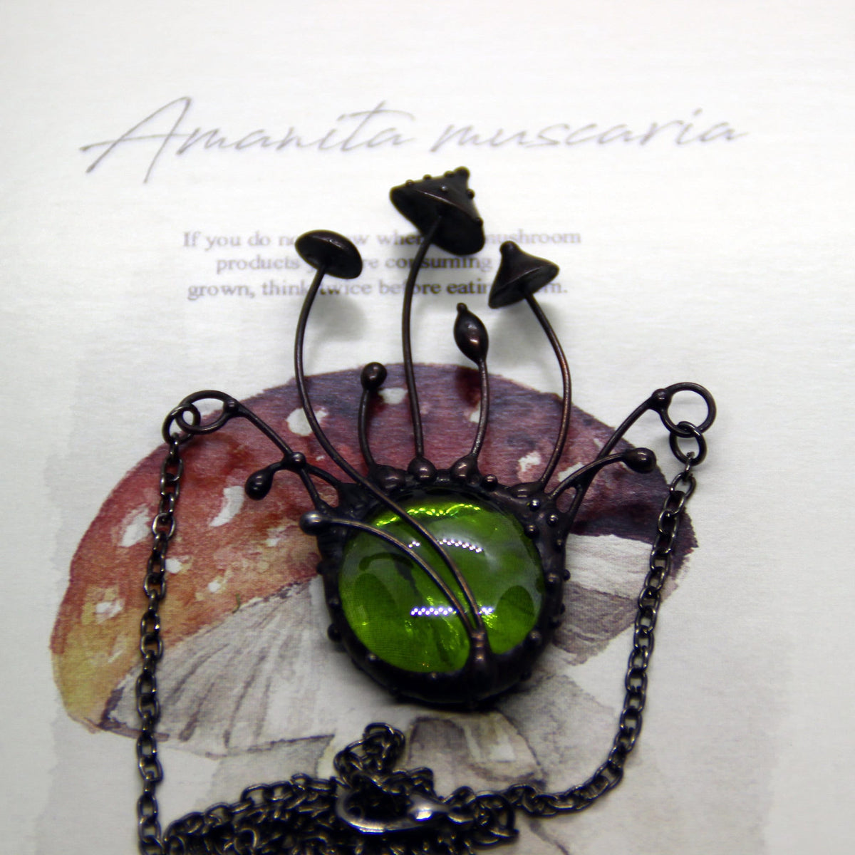 Green Glass Amanita Mushroom Necklace – Blackened Copper Forest – Botanical Statement Necklace