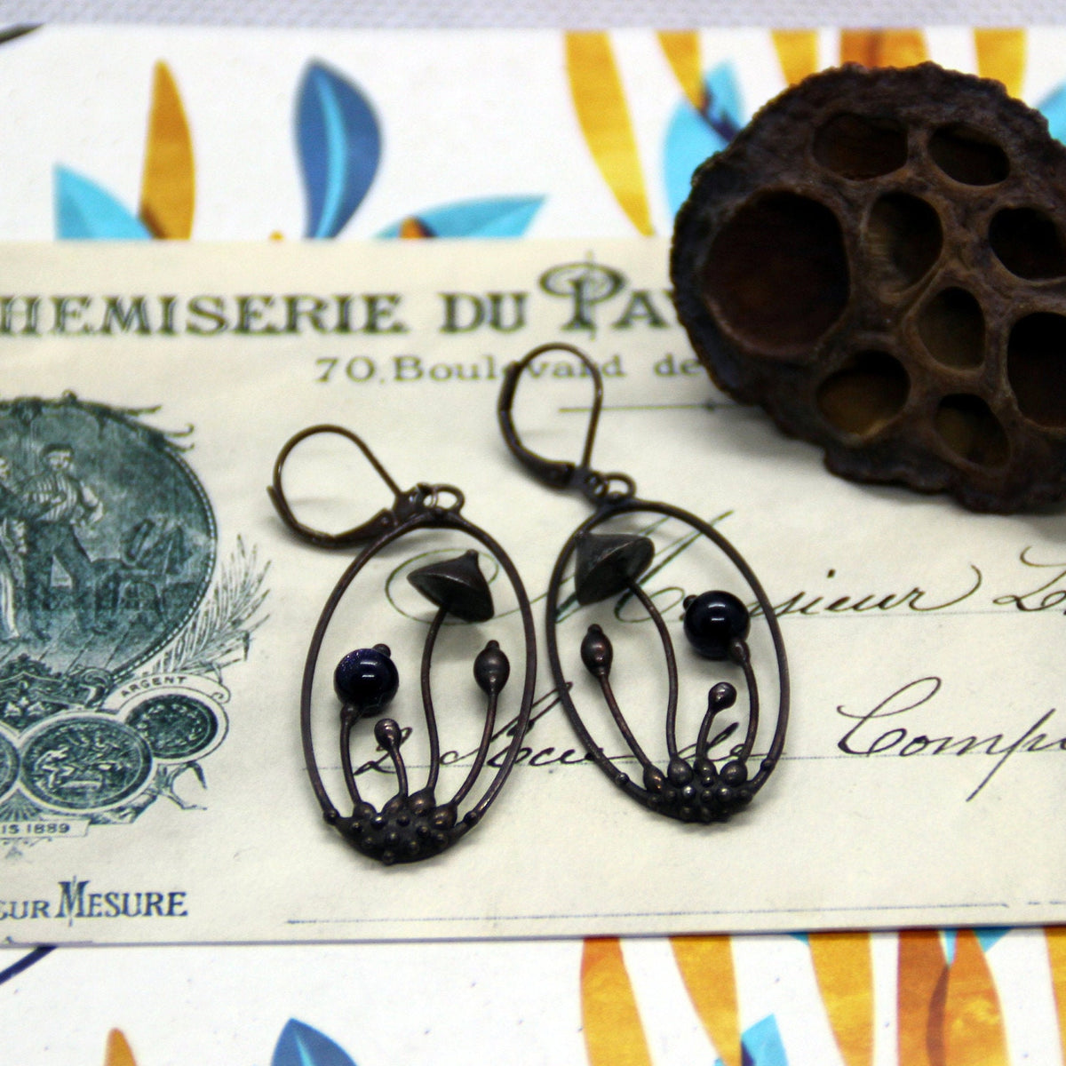 Blue Aventurine Mushroom Earrings – Blackened Copper