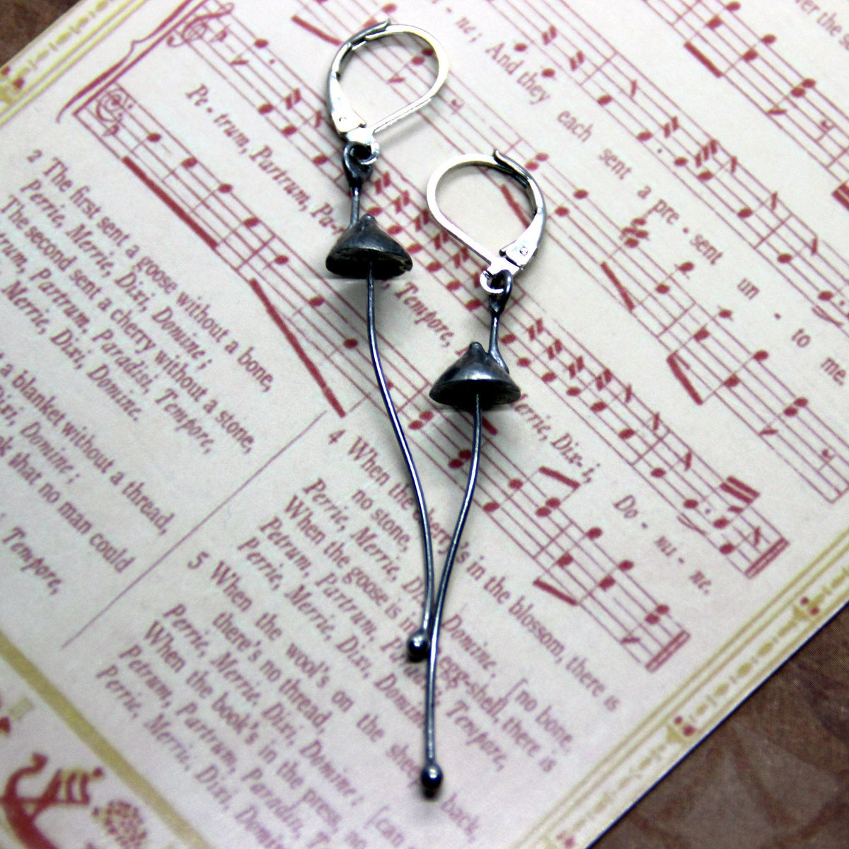Silver Mushroom Earrings – Long Copper & Pewter Dangles – Minimalist Forest