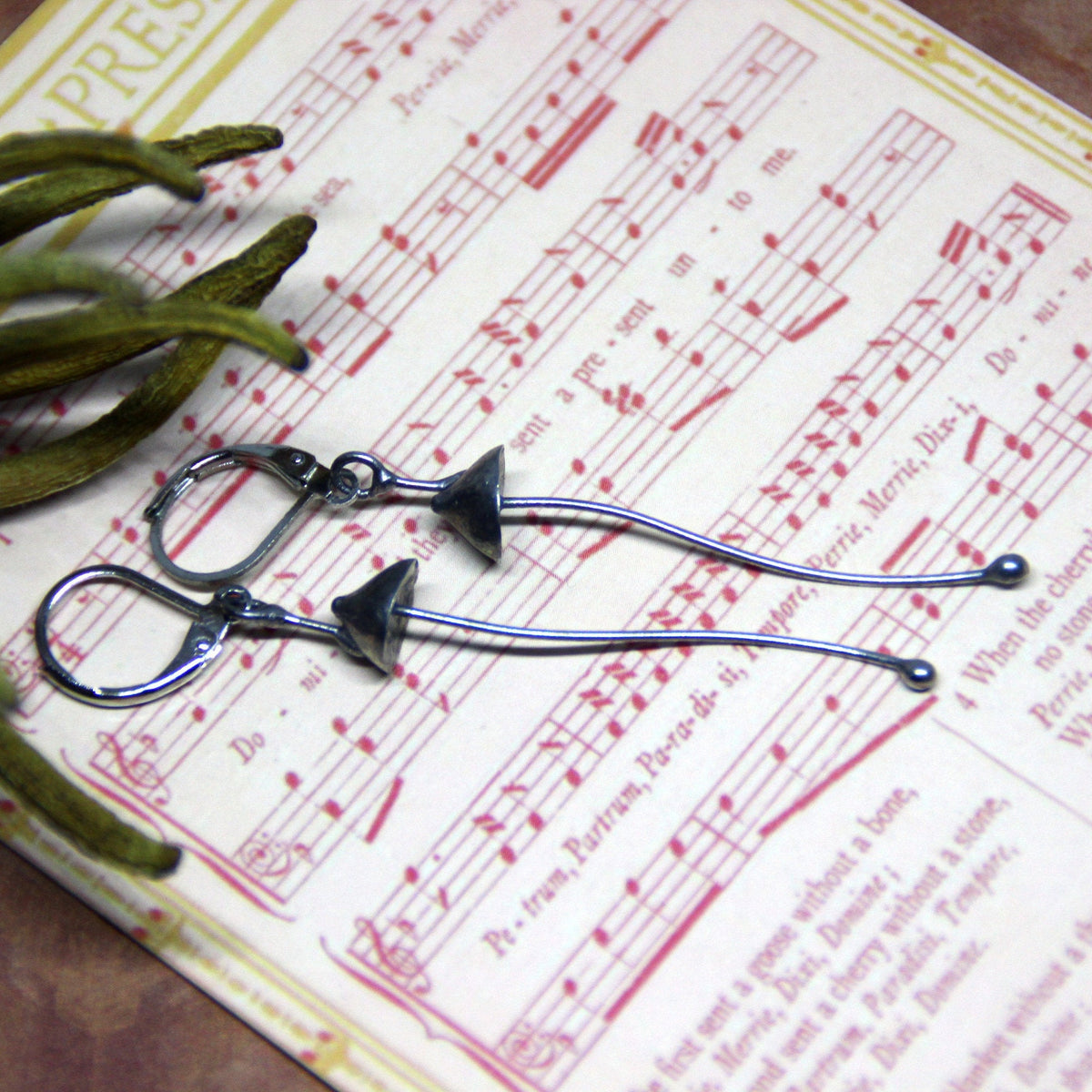 Silver Mushroom Earrings – Long Copper & Pewter Dangles – Minimalist Forest