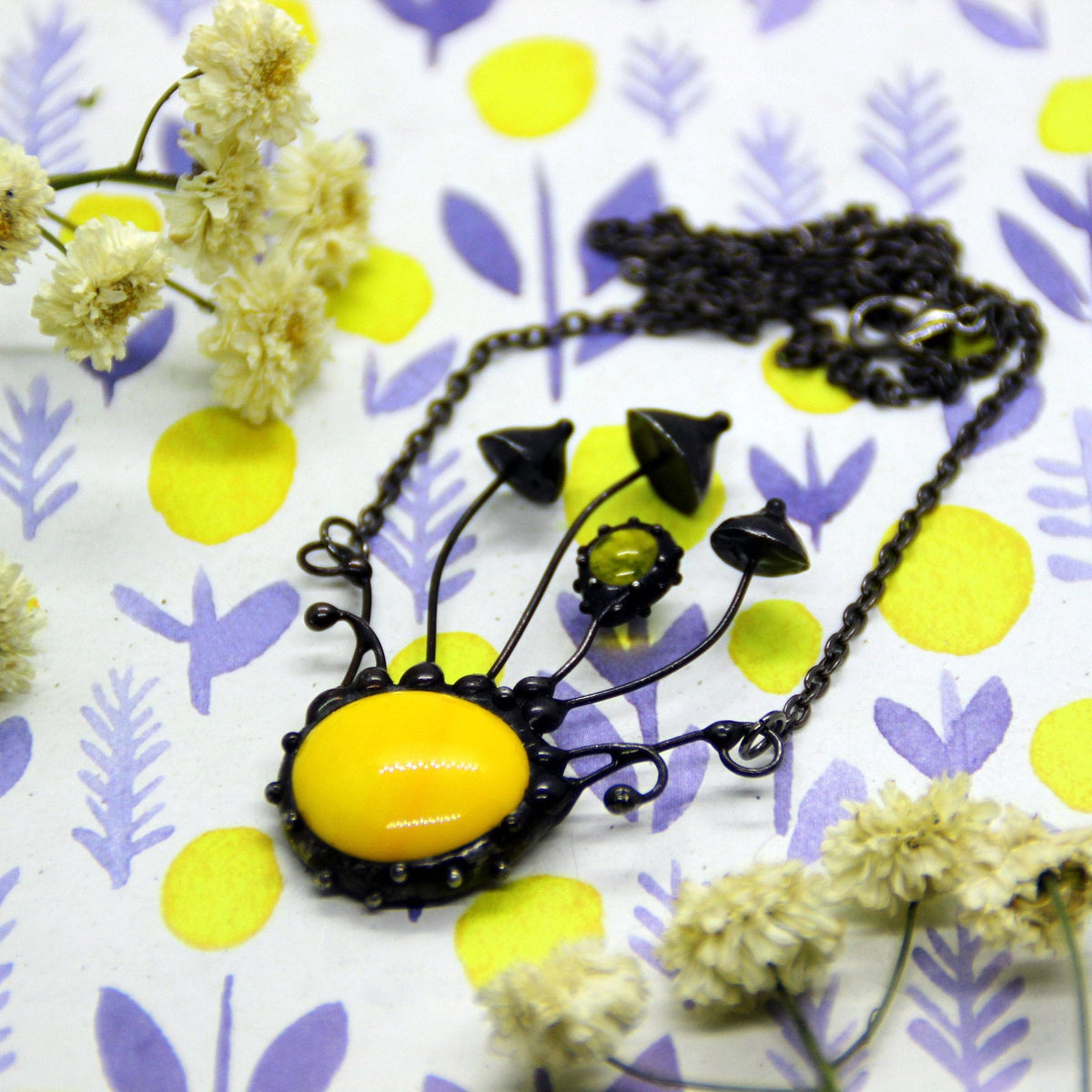 Yellow Glass Mushroom Necklace – Blackened Copper Forest Centerpiece – Psychedelic