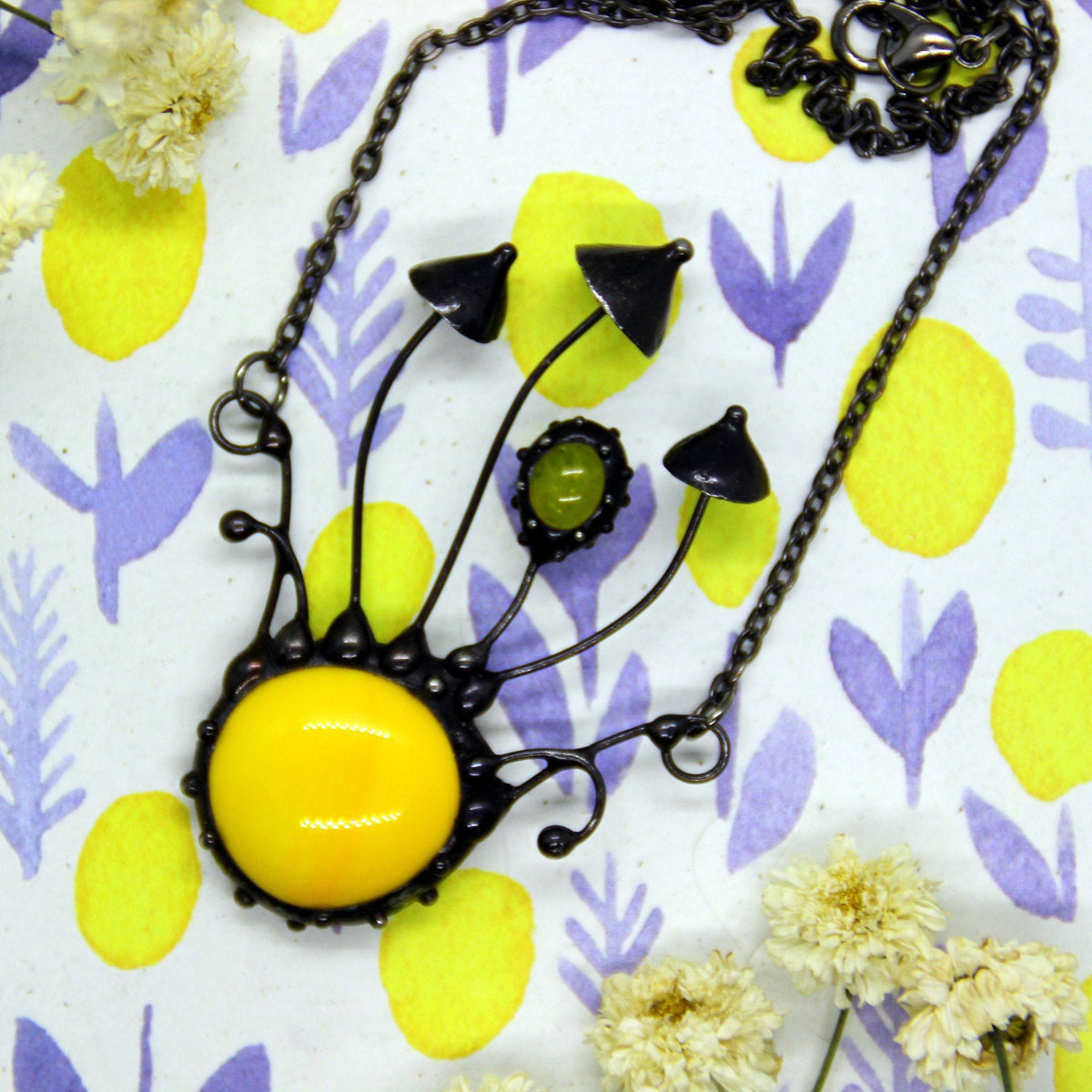 Yellow Glass Mushroom Necklace – Blackened Copper Forest Centerpiece – Psychedelic