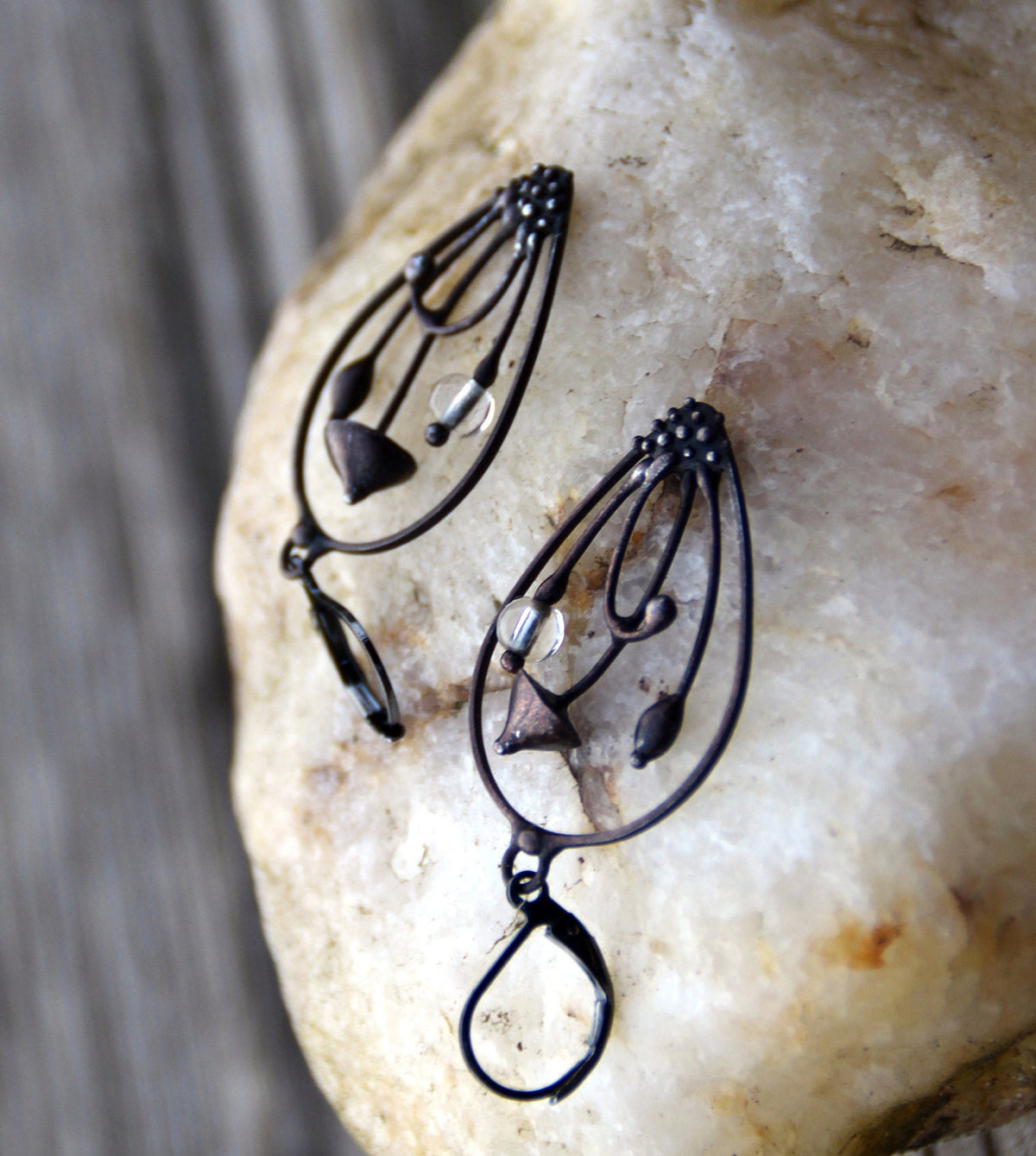 Clear Glass Mushroom Earrings – Blackened Copper Teardrop Dangles – Botanical Forest