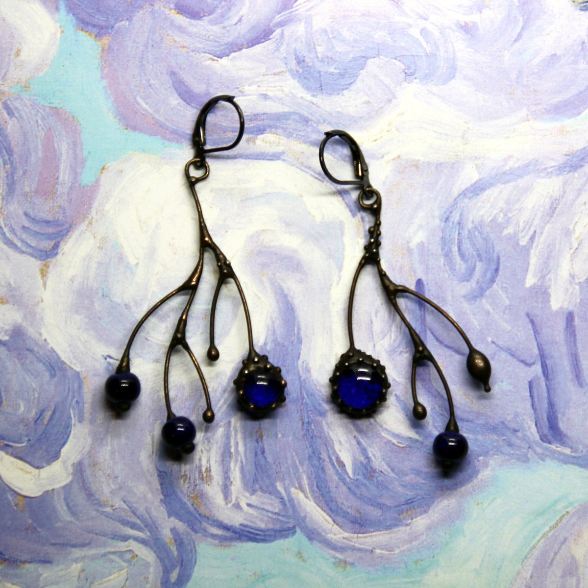 Cobalt Blue Glass Branch Earrings – Blackened Copper Asymmetrical Dangles – Botanical