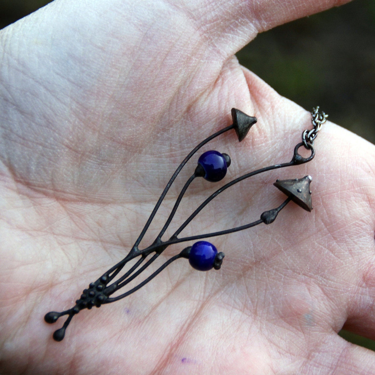 Blue Ceramic Mushroom Necklace – Blackened Copper Forest Pendant – Botanical
