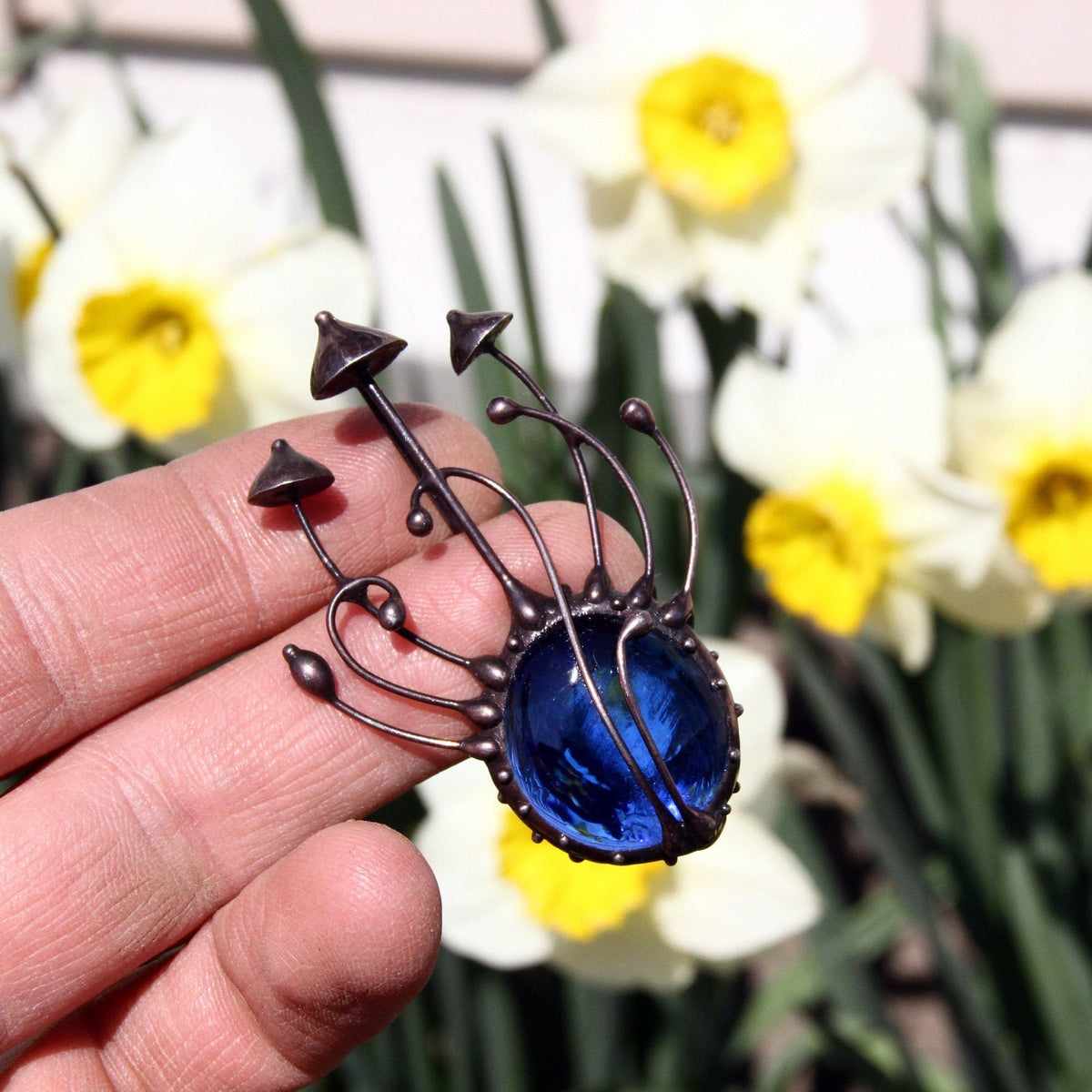 Blue Glass Mushroom Brooch – Blackened Copper