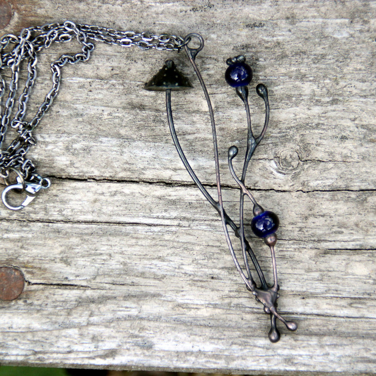 Blue Ceramic Amanita Mushroom Necklace – Blackened Copper
