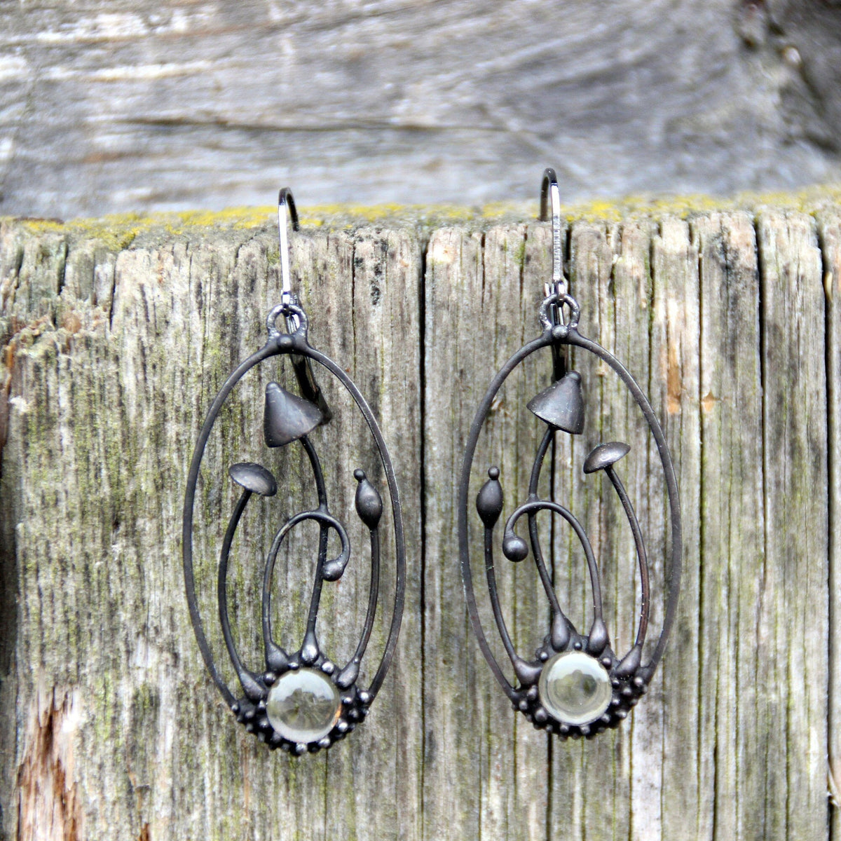 Two Mushroom Clear Glass Earrings – Blackened Copper