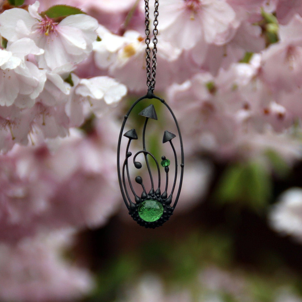 Green Glass Mushroom Necklace – Blackened Copper Oval Forest Pendant – Botanical