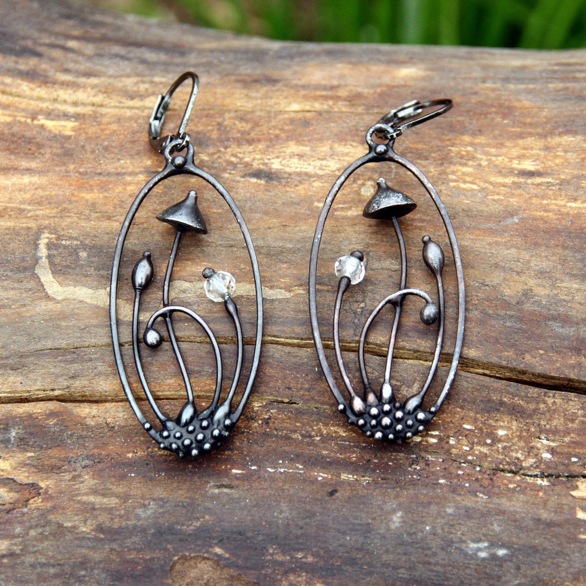 Clear Glass Mushroom Earrings – Blackened Copper Oval Forest Dangles – Botanical