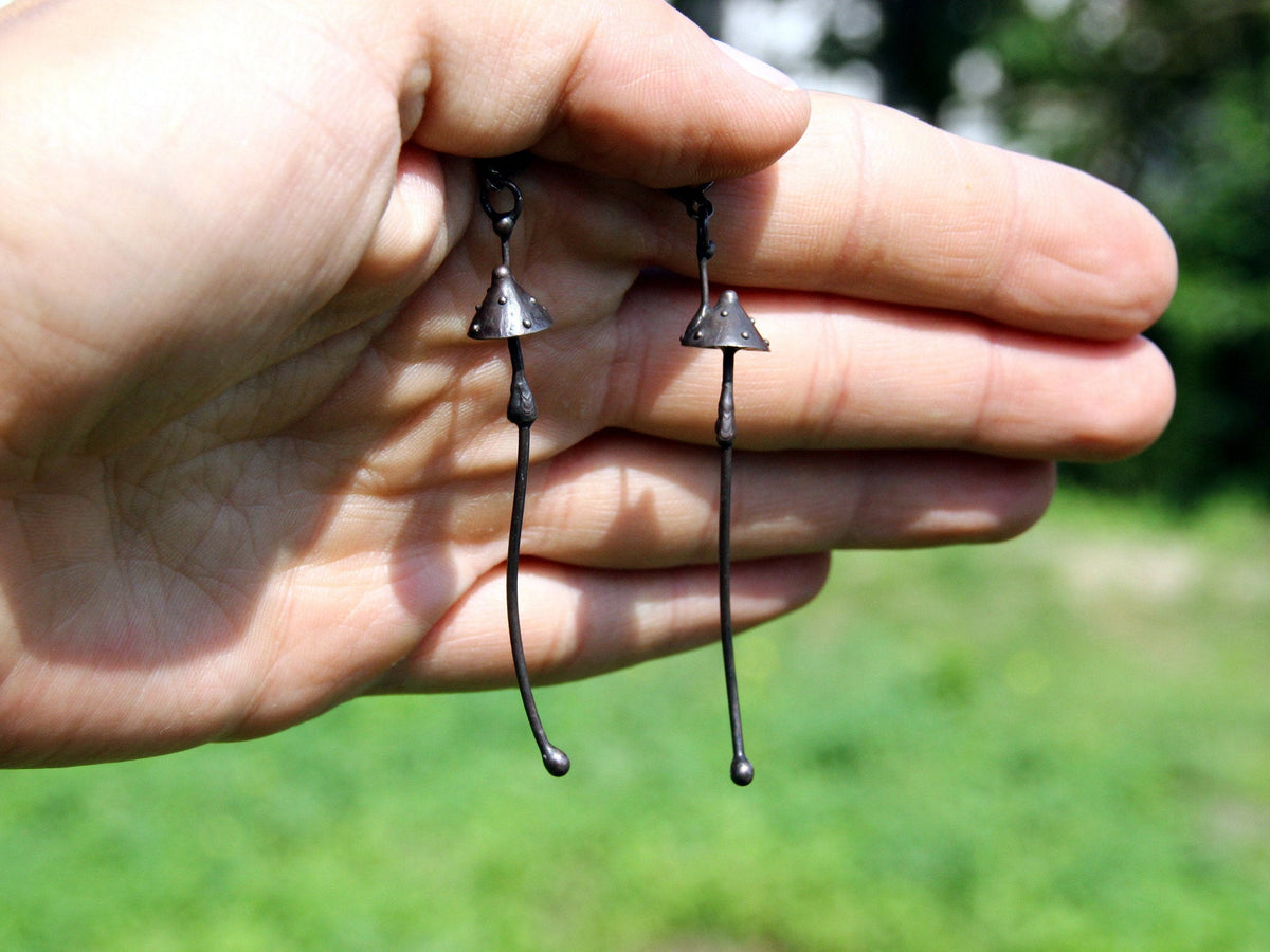 Black Amanita Extra Long Stem Earrings – Copper & Pewter