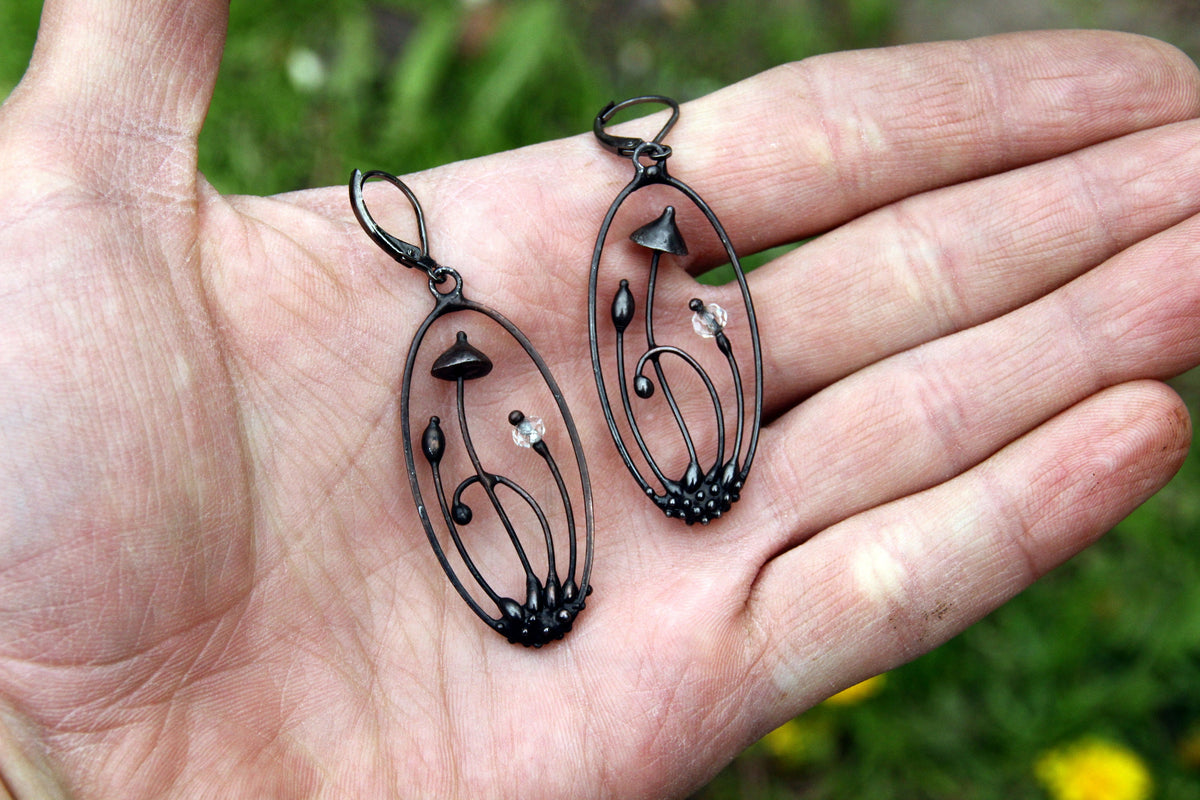 Clear Glass Mushroom Earrings – Blackened Copper Oval Forest Dangles – Botanical
