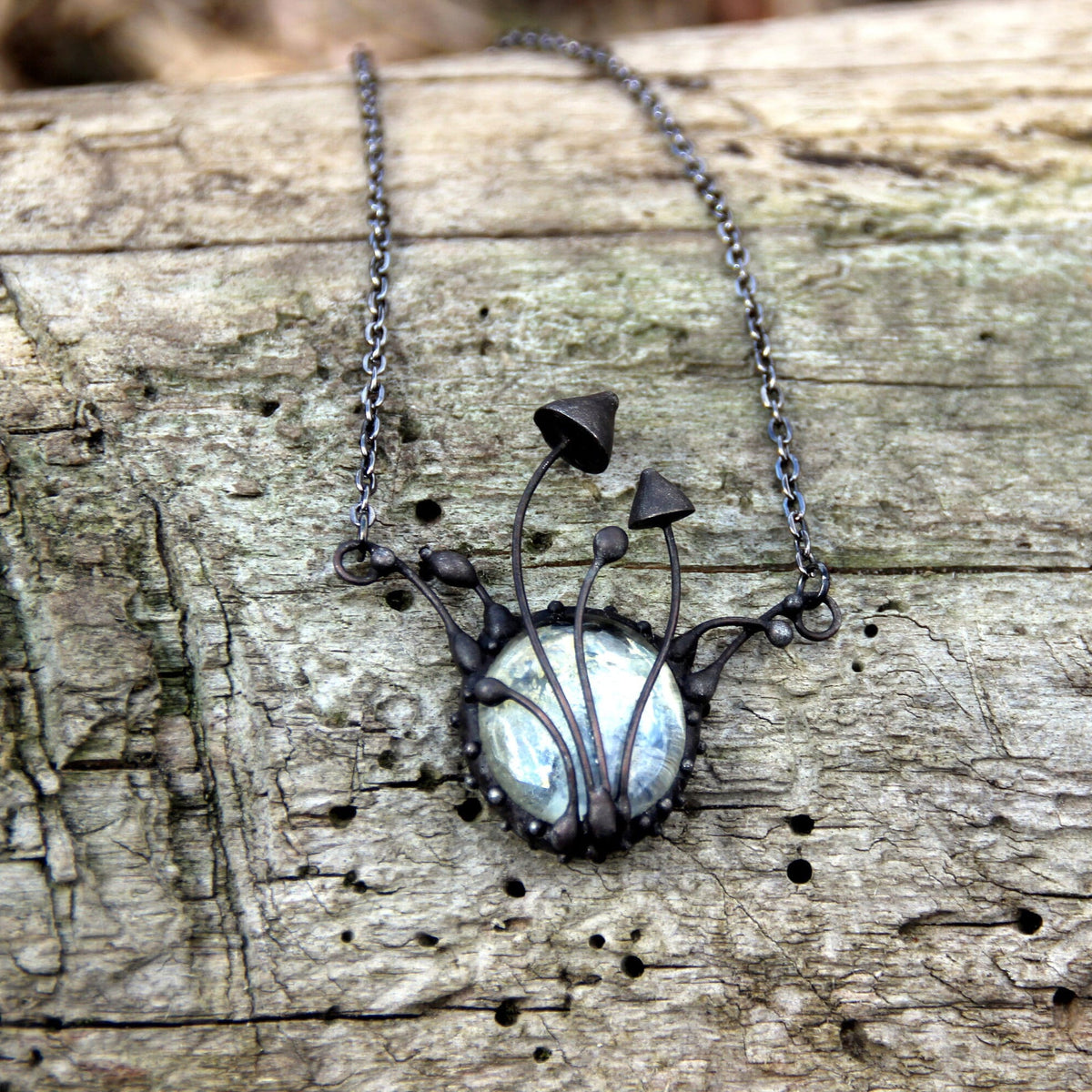 Clear Glass Mushroom Necklace – Blackened Copper & Pewter Forest Pendant – Botanical