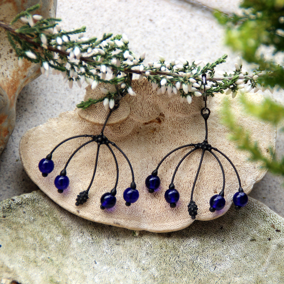 Cobalt Blue Glass Branch Earrings – Blackened Copper Botanical Dangles – Nature Inspired