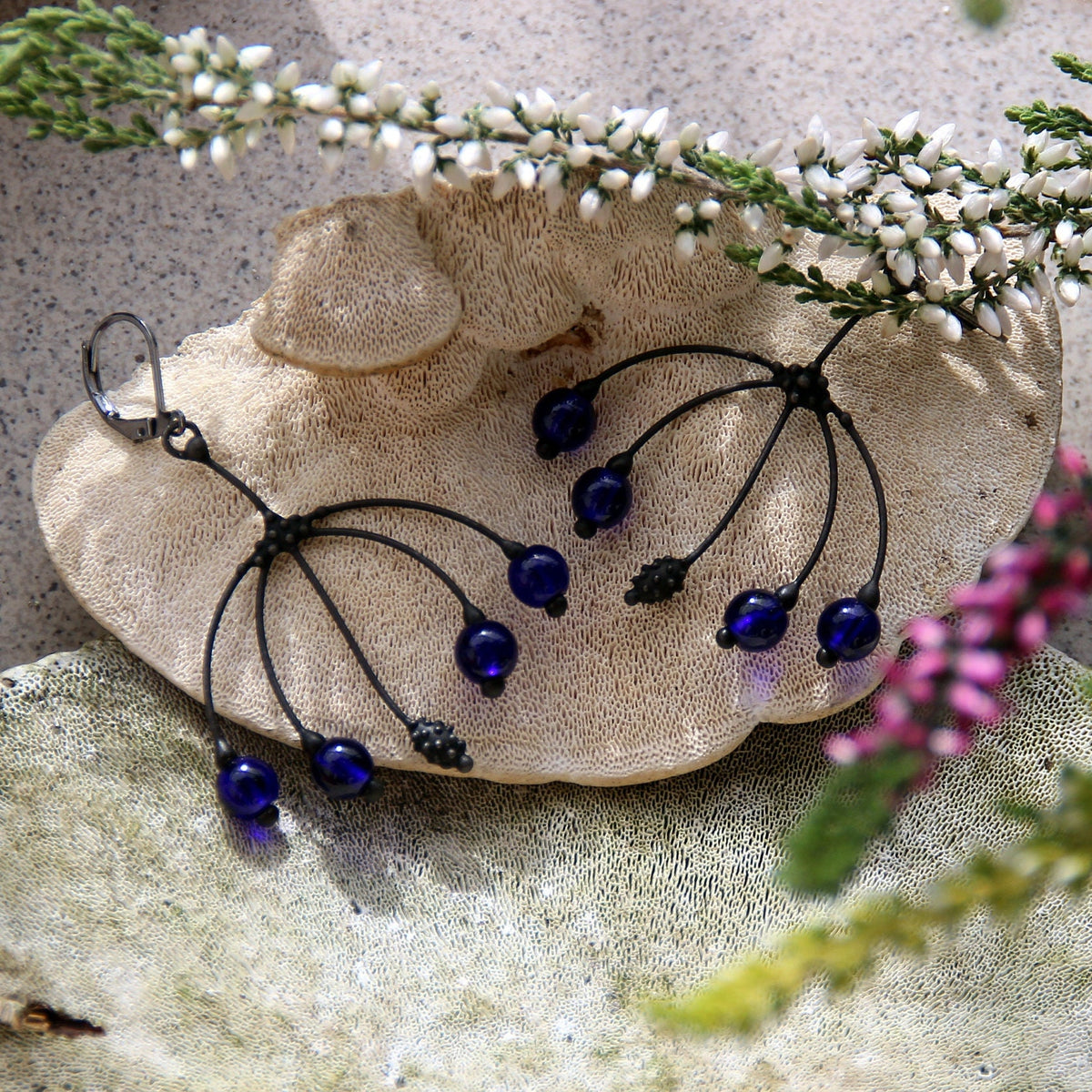 Cobalt Blue Glass Branch Earrings – Blackened Copper Botanical Dangles – Nature Inspired