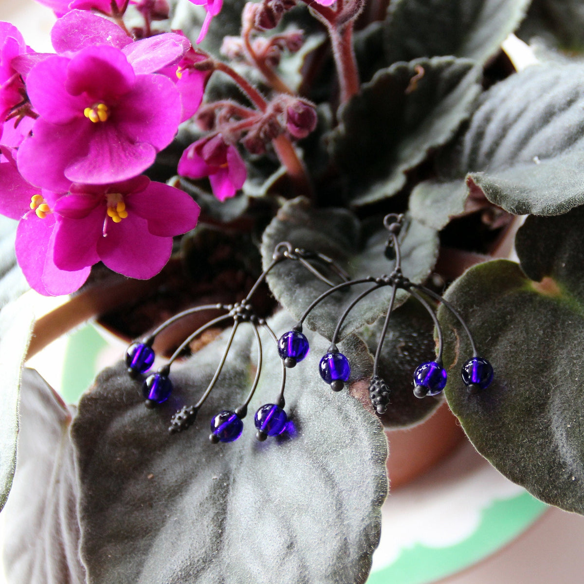 Cobalt Blue Glass Branch Earrings – Blackened Copper Botanical Dangles – Nature Inspired