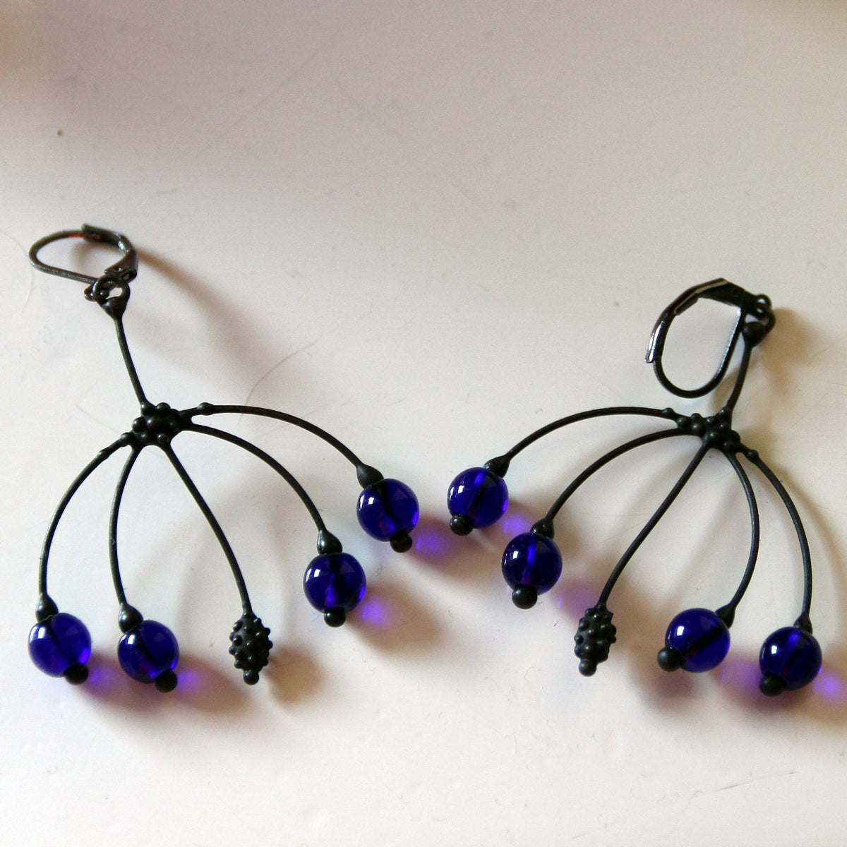 Cobalt Blue Glass Branch Earrings – Blackened Copper Botanical Dangles – Nature Inspired