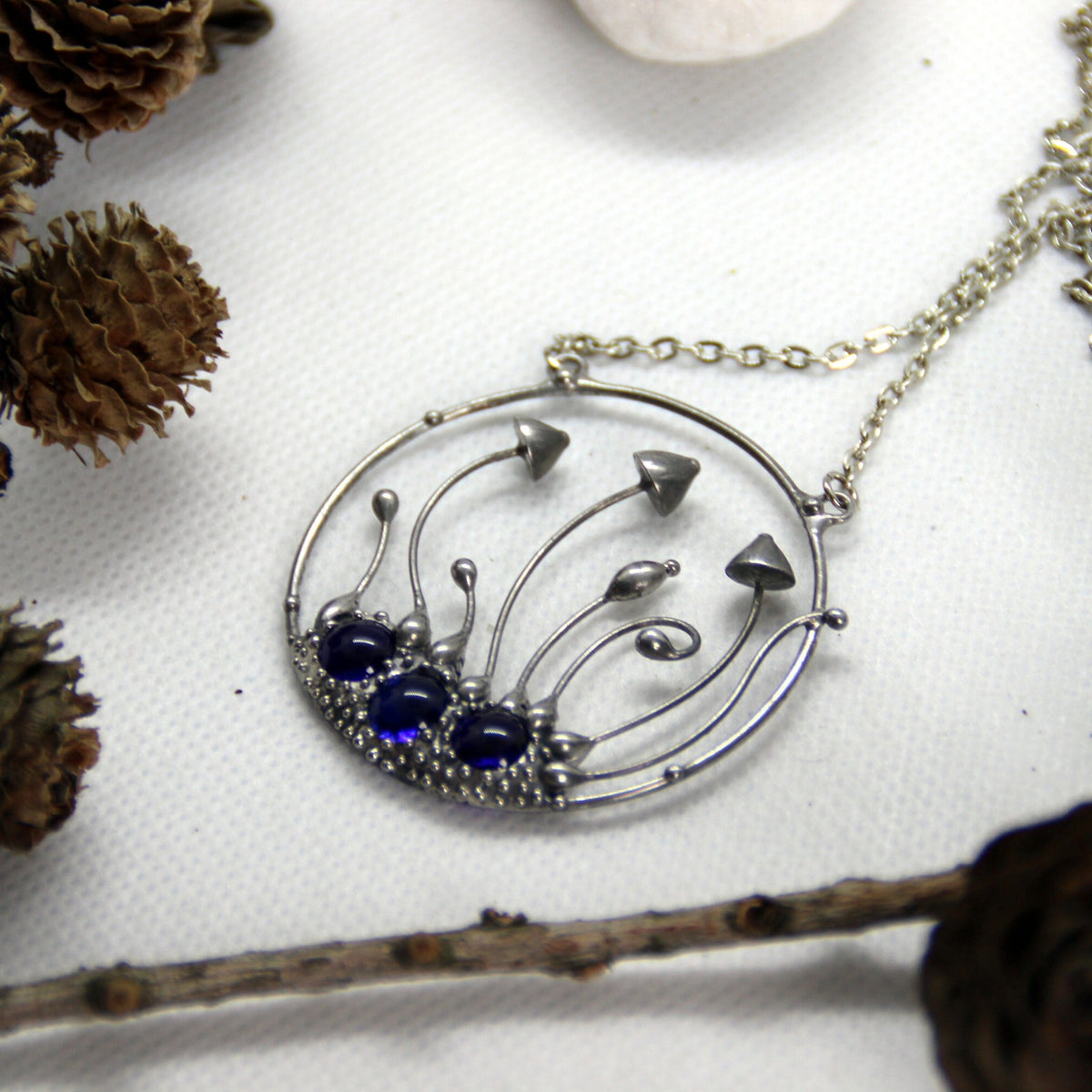 Cobalt Blue Glass Mushroom Necklace – Silver Tone