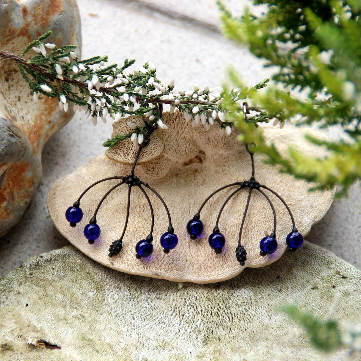 Cobalt Blue Glass Branch Earrings – Blackened Copper Botanical Dangles – Nature Inspired