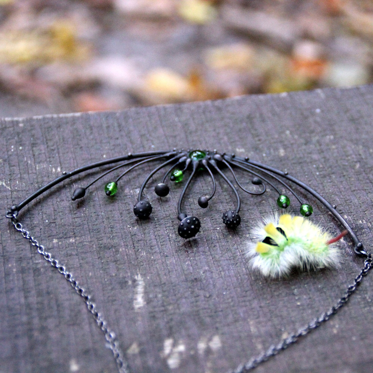 Green Glass Amanita Statement Necklace – Blackened Copper