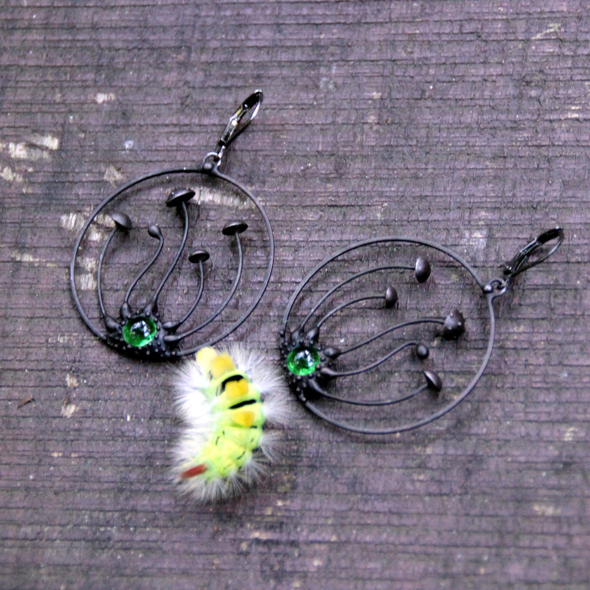 Green Glass Amanita Hoop Earrings – Blackened Copper