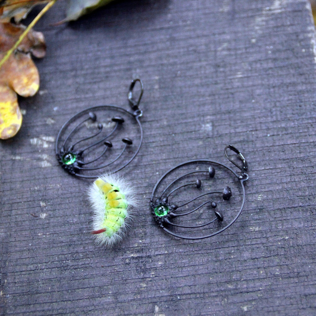 Green Glass Amanita Hoop Earrings – Blackened Copper