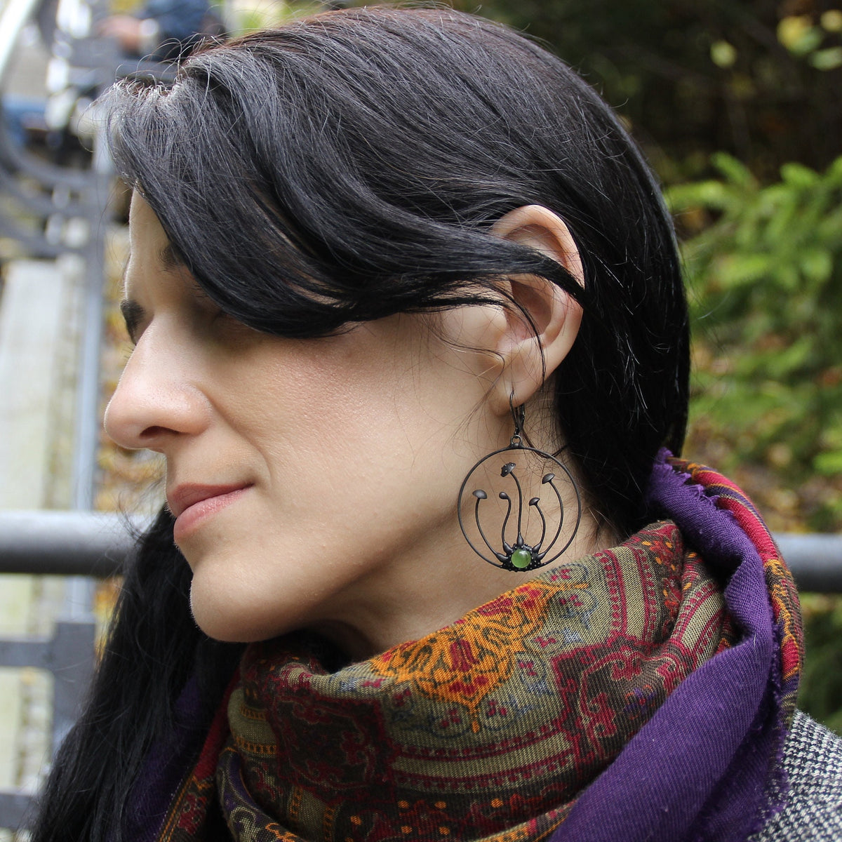 Green Glass Amanita Hoop Earrings – Blackened Copper