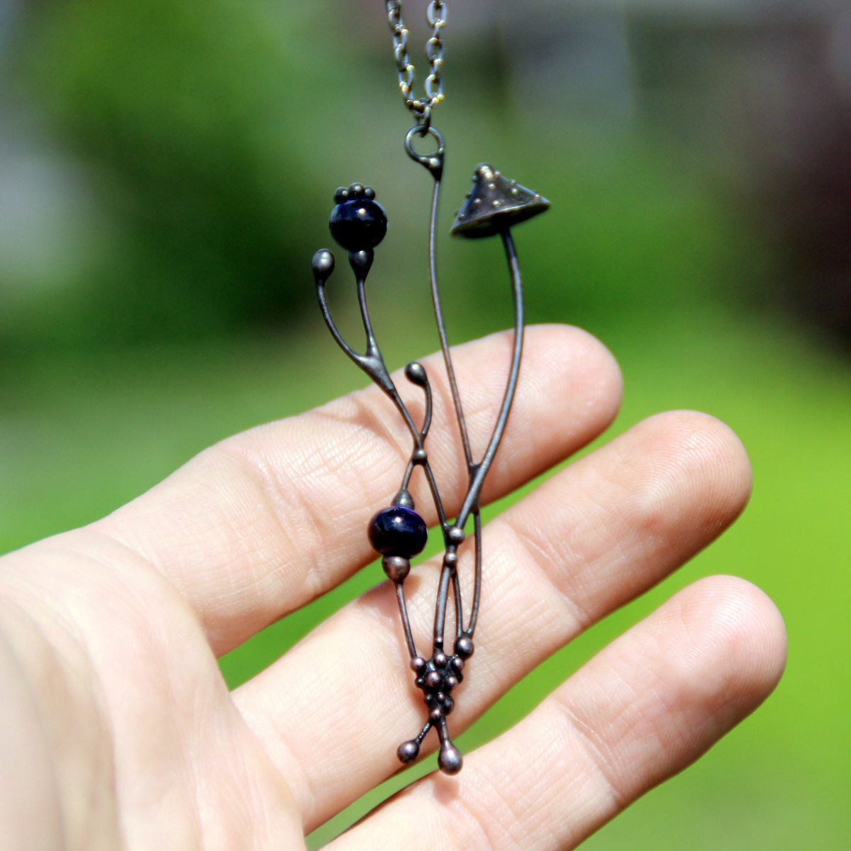 Blue Ceramic Amanita Mushroom Necklace – Blackened Copper