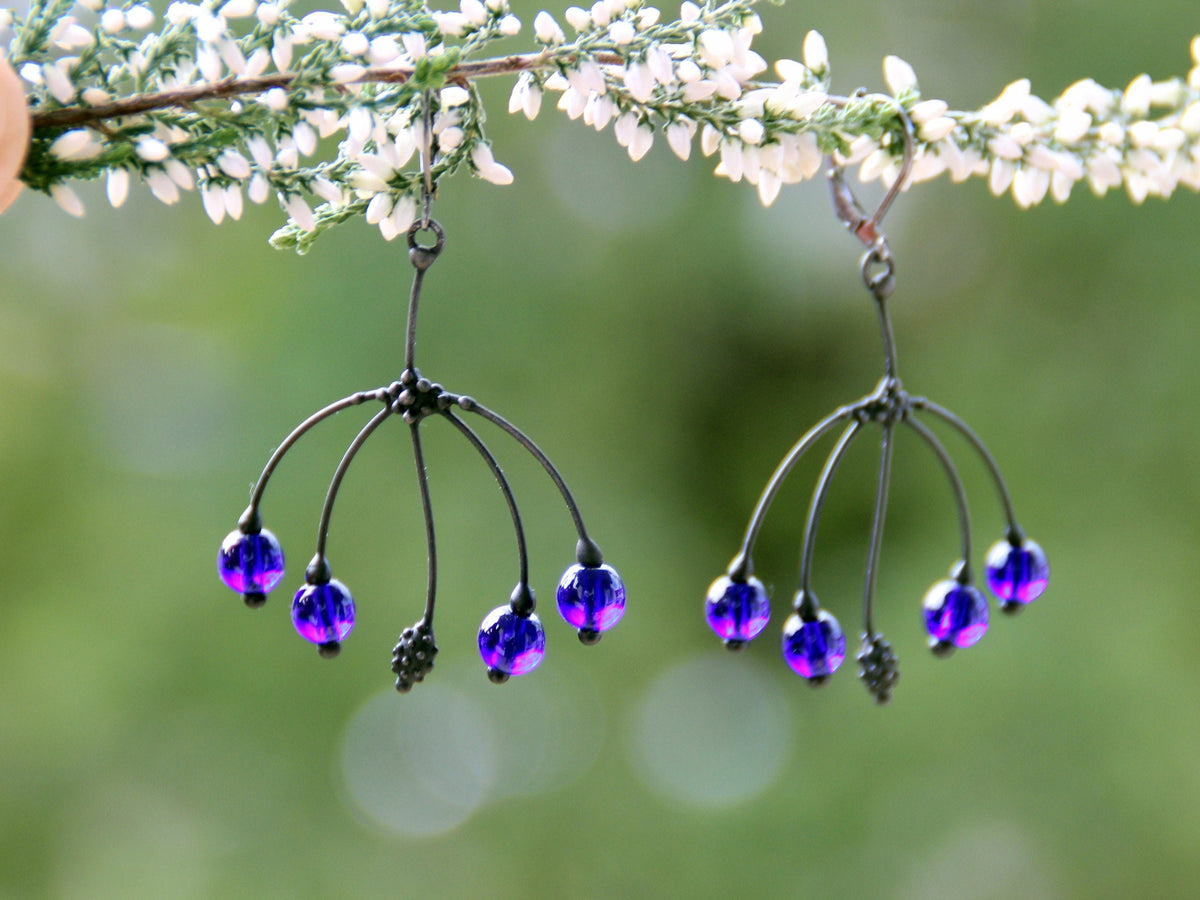 Cobalt Blue Glass Branch Earrings – Blackened Copper Botanical Dangles – Nature Inspired