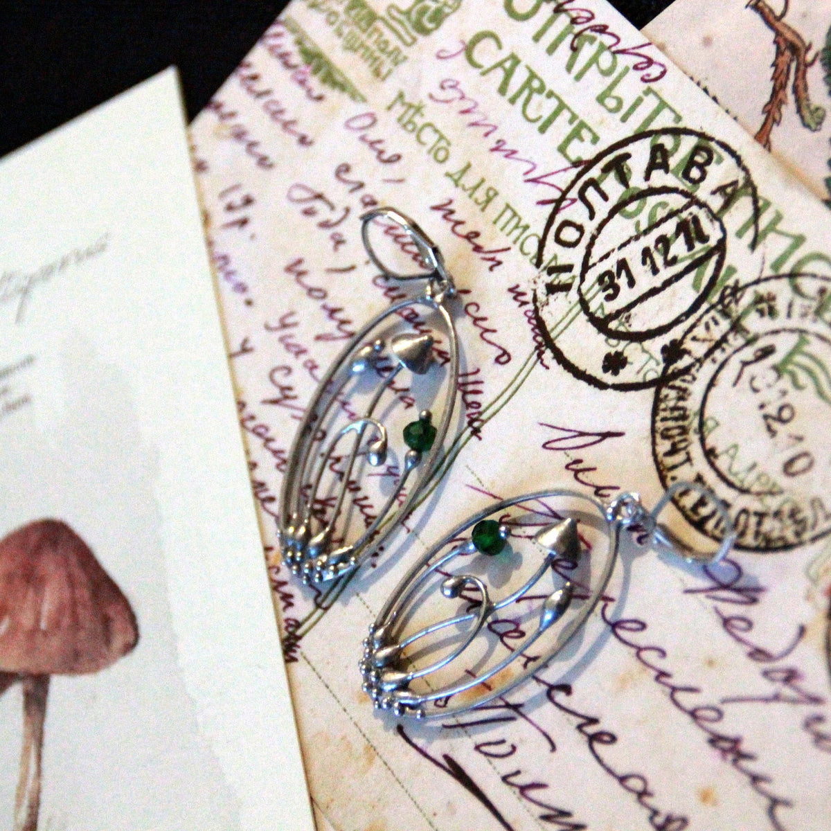 Green Glass Mushroom Earrings – Silver Tone
