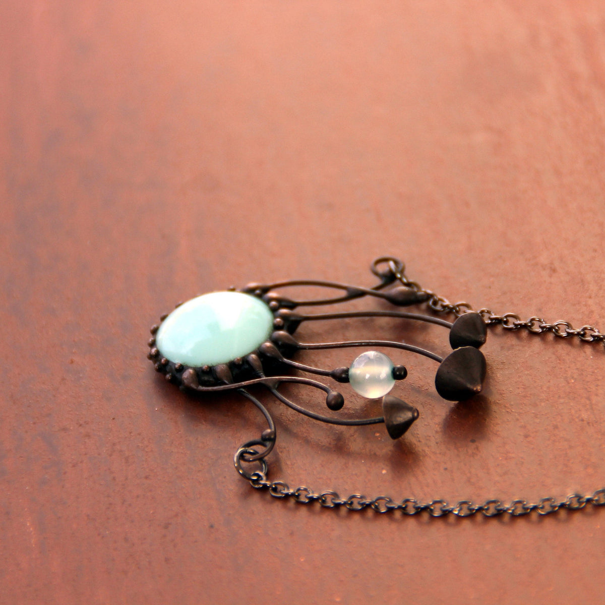 Blue Glass Mushroom Necklace – Blackened Copper Forest Pendant – Psychedelic Botanical